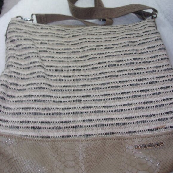E-133 DAVID JONES 1/2 CLOTH,1/2 SNAKESKIN STYLE LEATHER SLOUCH BUCKET BAG - Picture 1 of 15
